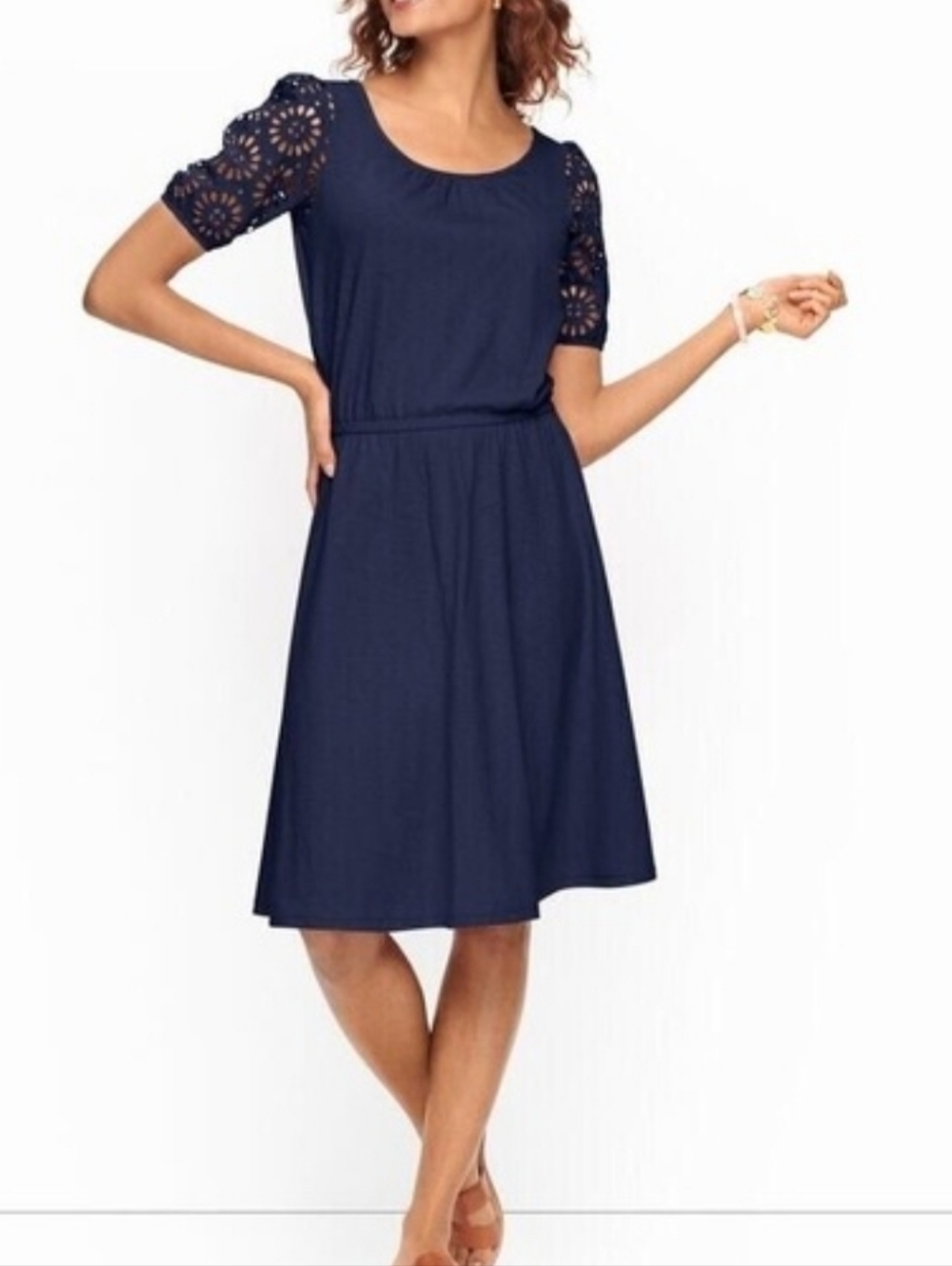 Talbots Blue Slub Knit Eyelet Sleeve Dress, Sz L